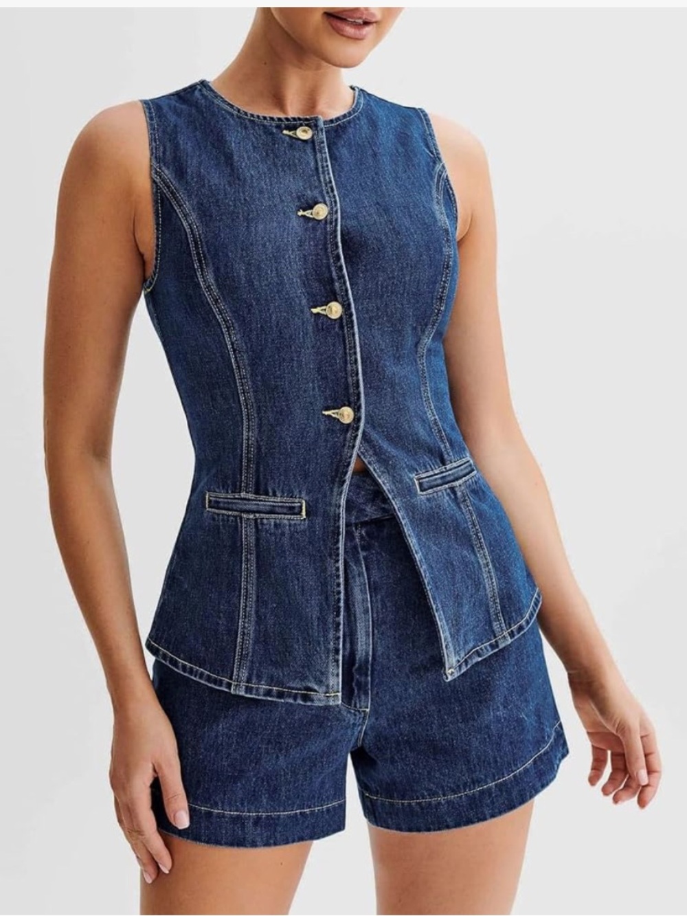 Sleeveless Dark Blue Denim Vest with Gold Buttons and Pants Set